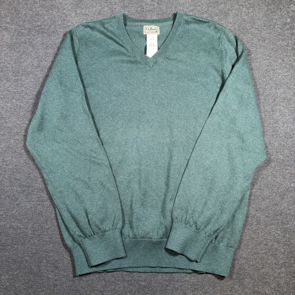 LL Bean V-Neck Sweater Mens M Green Cotton Cashmere Blend Pullover Long Sleeve